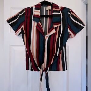 Size Small -striped multicolor short sleeve blouse with tie waist EUC
